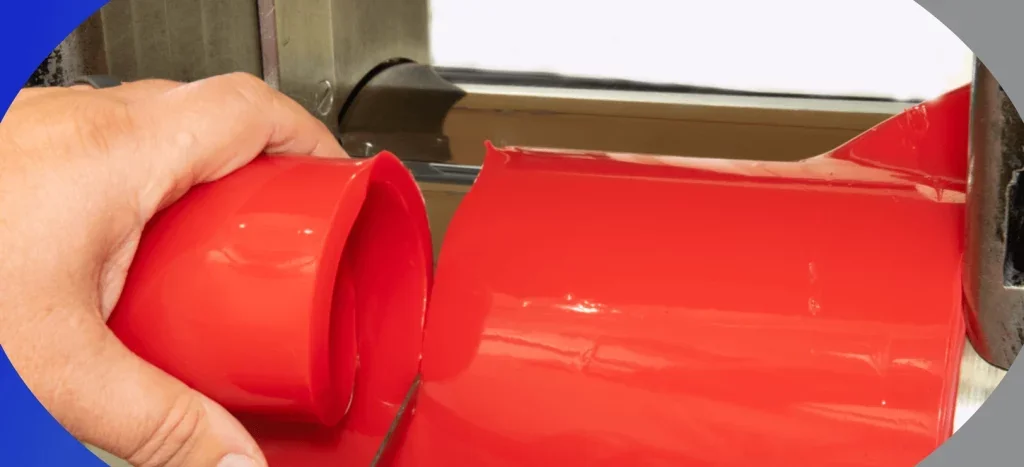 A person is pouring red melted plastic into a mold.