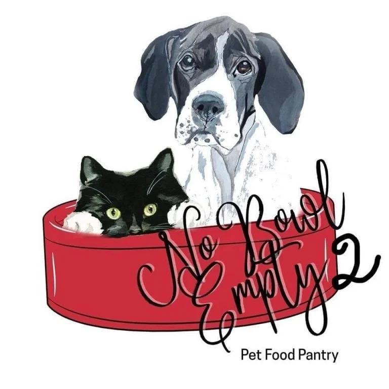 Illustration of a dog and a cat inside a red pet food bowl with the text 'Joyeux Noel & Happy 2' and 'Pet Food Pantry'.