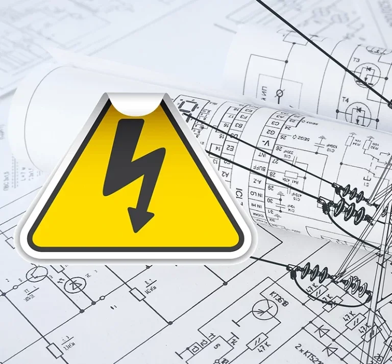 Electrical safety warning sign over technical electrical circuit diagrams with components like resistors and wires.