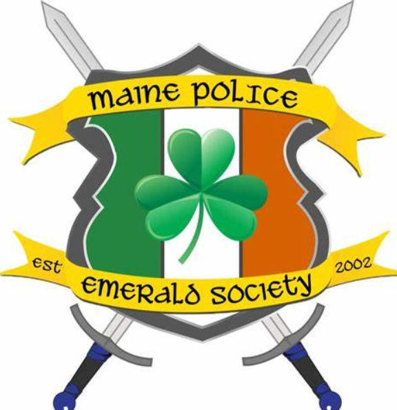 Maine Police Emerald Society emblem featuring a shield with a green shamrock, flanked by two swords, with yellow banners displaying 'Maine Police' and 'Emerald Society,' and the year 2002.