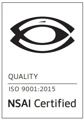NSAI certification card with a black eye logo, labeled 'QUALITY', 'ISO 9001:2015', and 'NSAI Certified'.