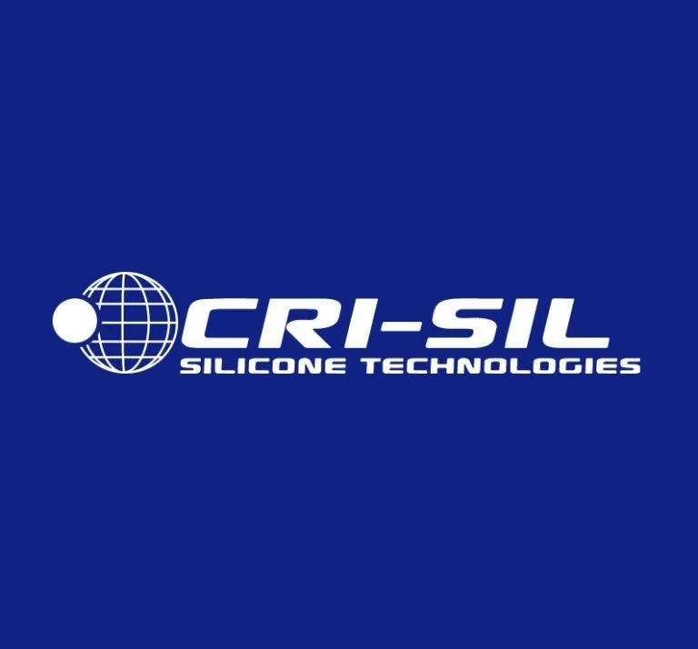 Logo of CRI-SIL Silicone Technologies featuring a globe with a small circle on the left and the company name in white text on a blue background.