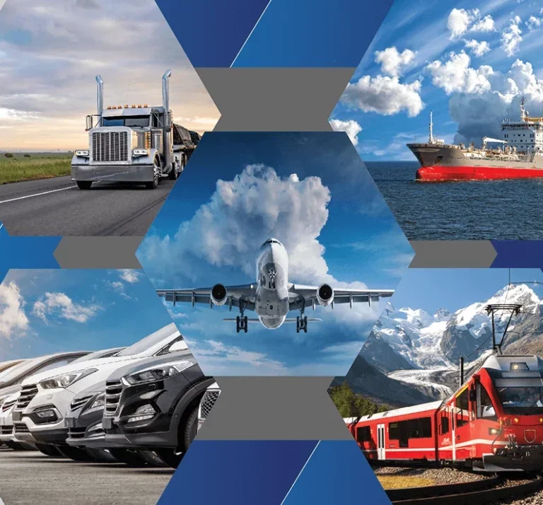 Collage of different modes of transportation including a truck on a highway, a cargo ship at sea, an airplane flying, cars parked in a lot, and a train traveling through mountains.