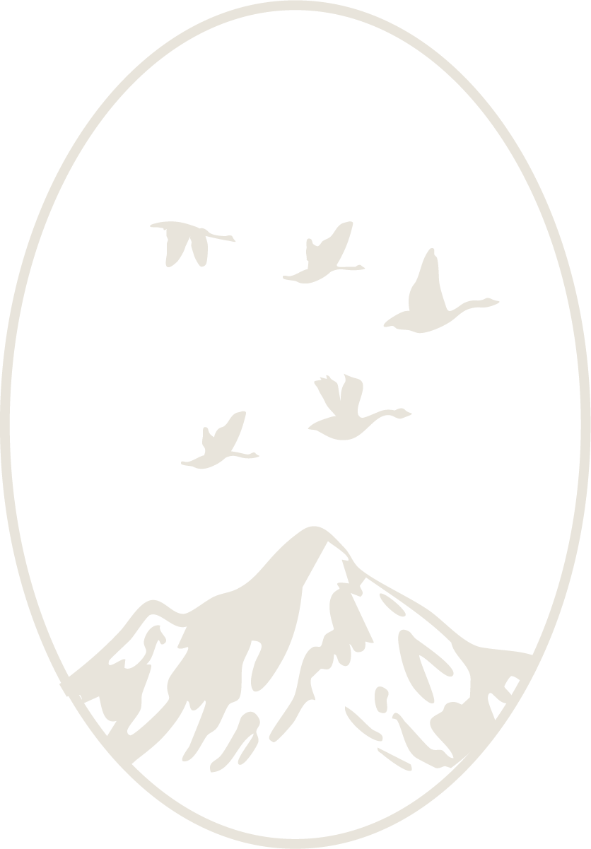 Stylized emblem featuring a mountain with snow-capped peaks and six flying birds above it, all within an oval border.