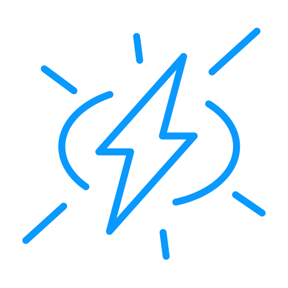 Blue lightning bolt surrounded by lines indicating energy or electricity.