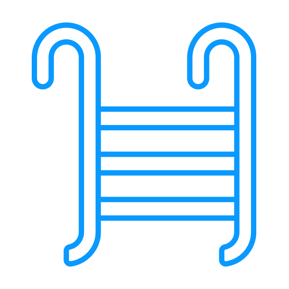 Blue outline of a ladder with curved hooks at the top, set against a black background.