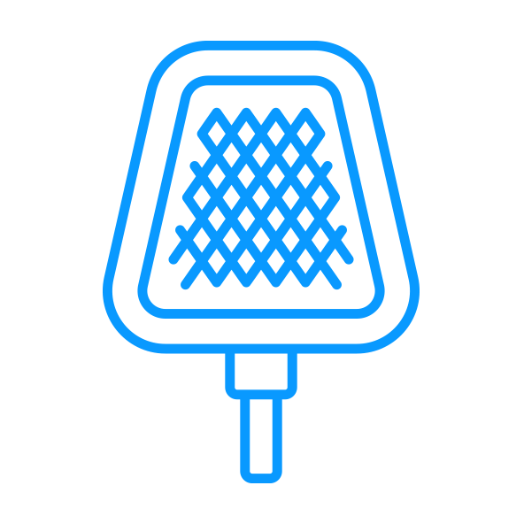 Blue metal fly swatter with a diamond-shaped mesh design.