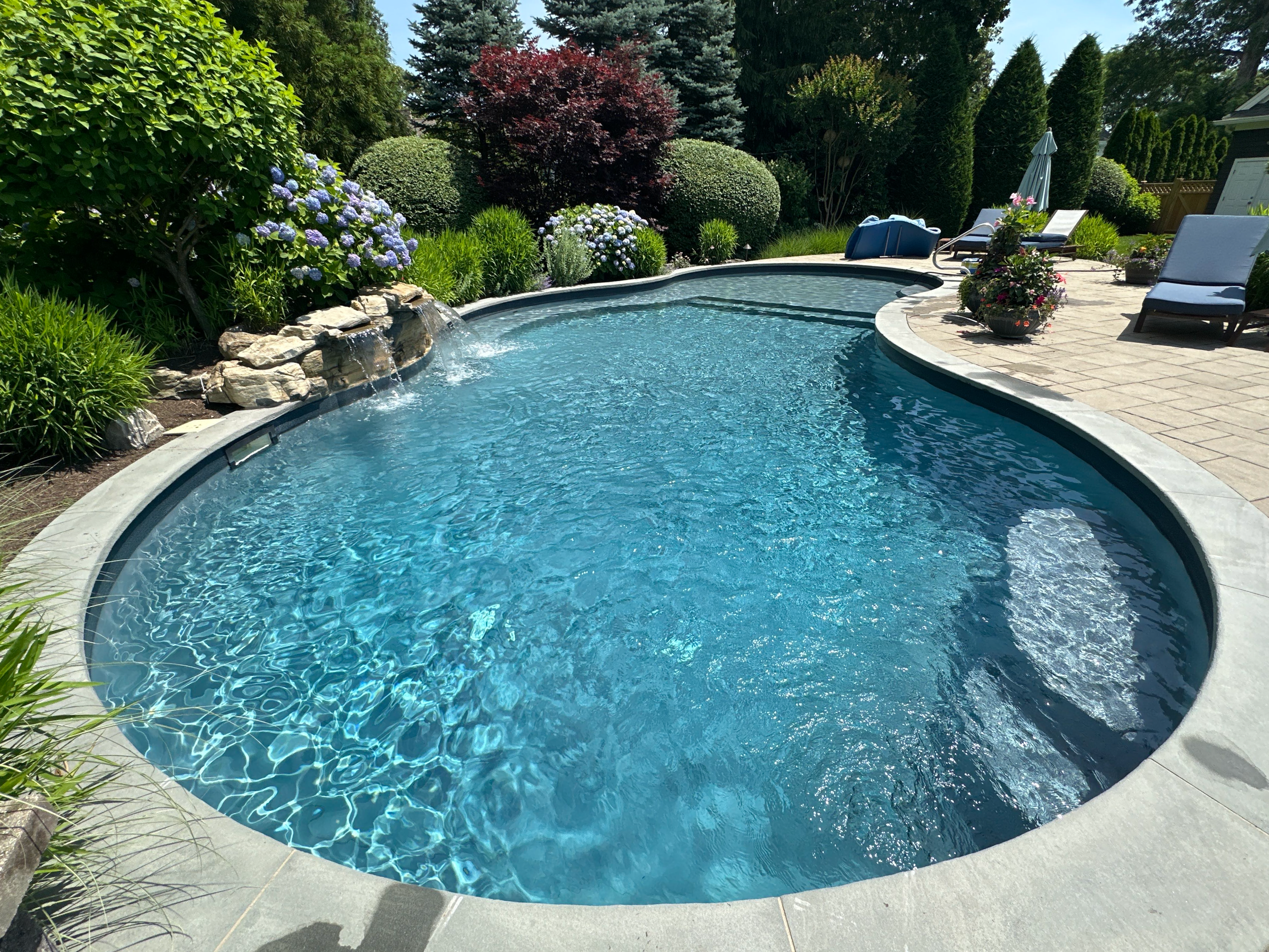A backyard swimming pool surrounded by green bushes, flowering plants, and tall trees with lounge chairs and an umbrella nearby.