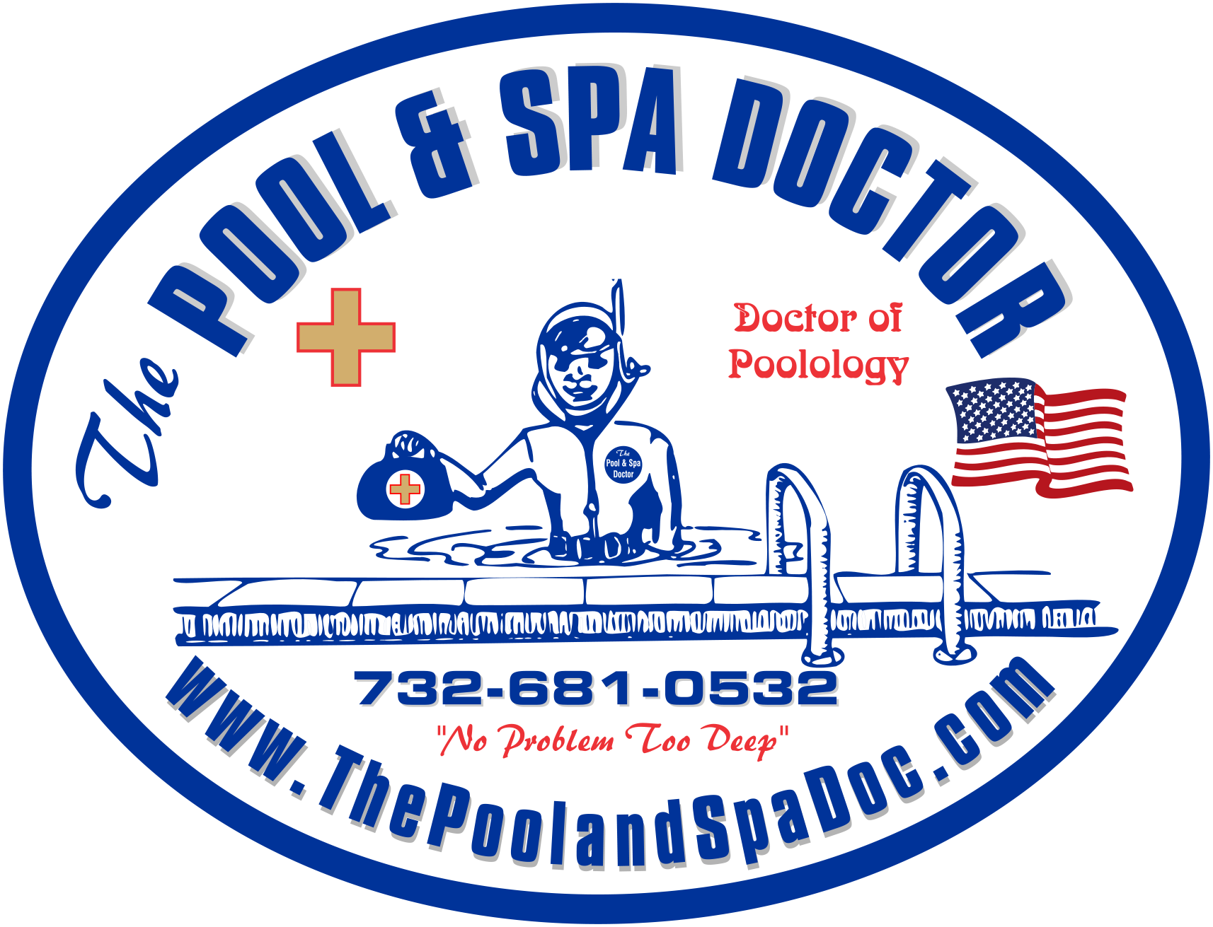 Logo for The Pool and Spa Doctor, featuring a character dressed as a diver holding a first aid kit, standing in a swimming pool, with an American flag and contact information, including a phone number and website.