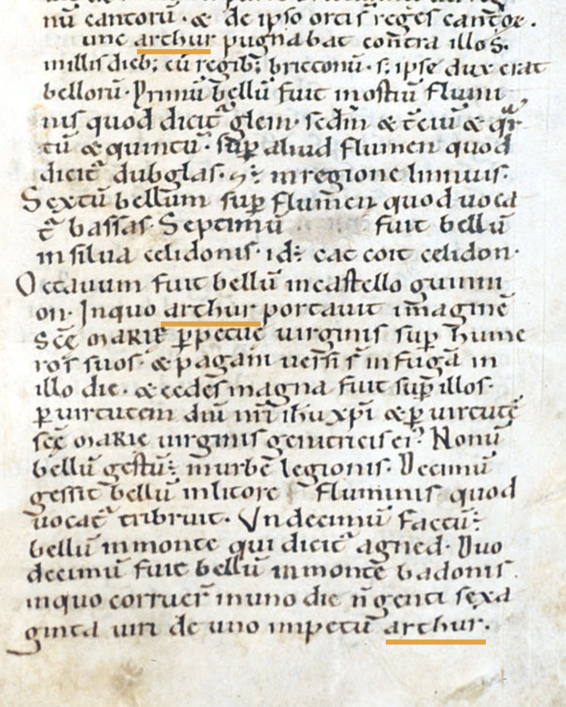 Page of a document called the Historia Brittonum showing handwritten text and three underlined references to Arthur. This page is from Harley MS 3859 held at the British Museum.