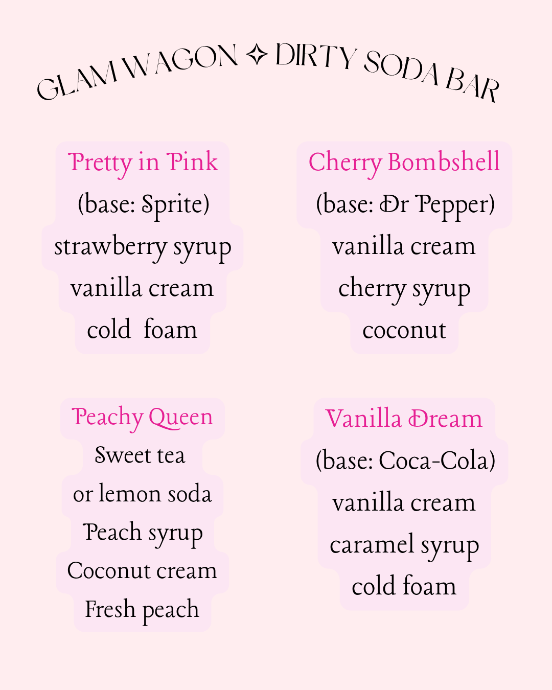 Menu listing various colorful drinks with descriptions, titled "Glam Wagon Dirty Soda Bar".