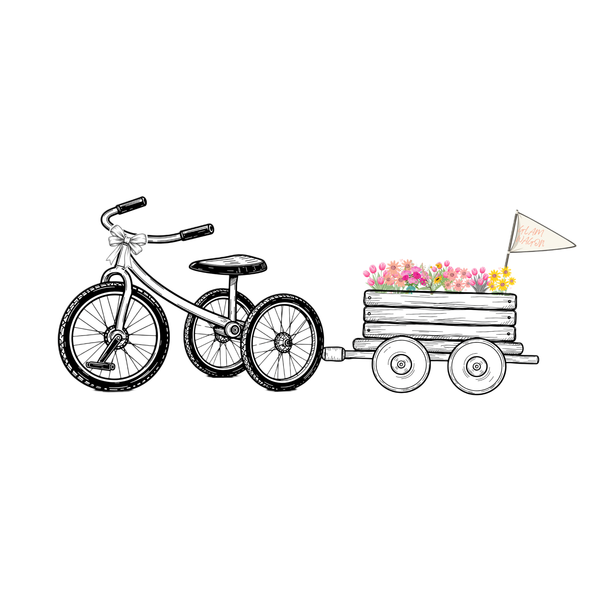 Illustration of a vintage bicycle with a flower box filled with pink, yellow, and peach flowers attached to the rear, a small flag with the text 'Glam Wagon,' and a white bow on the handlebar.