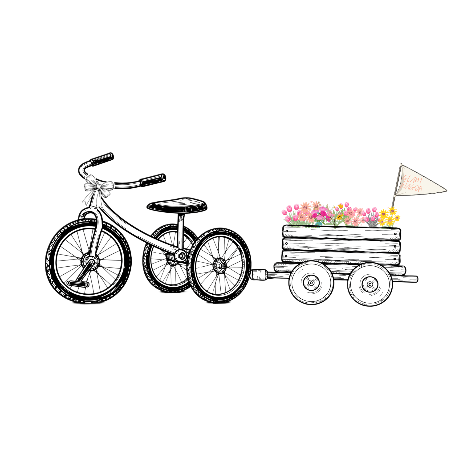 Black and white illustration of a bicycle with a flower pot attached to the rear, containing pink, purple, and yellow flowers, with a small flag that reads 'Glam Wagon' attached to the flowers.