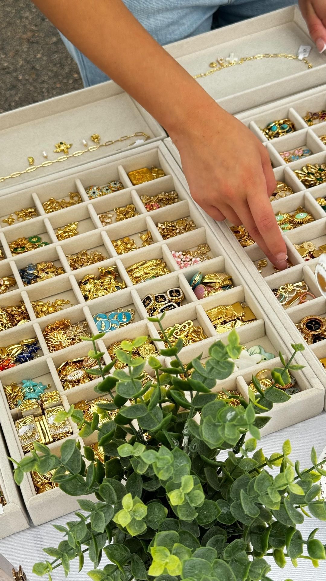 Person browsing jewelry display case filled with gold rings, earrings, and bracelets at an outdoor market. A potted plant is in the foreground.