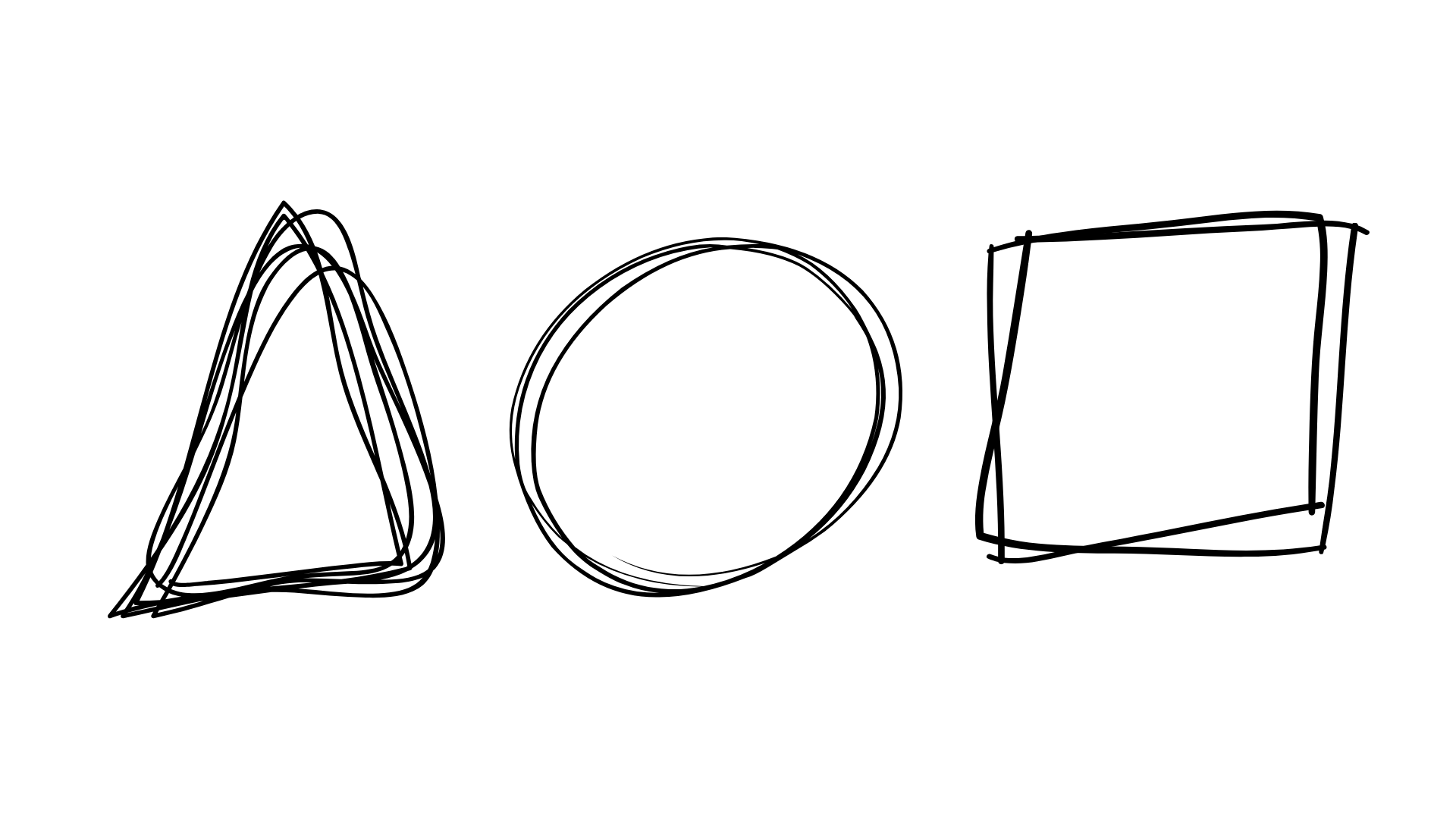 Black line drawings of three different geometric shapes: a pyramid, a circle, and a cube, arranged from left to right on a white background.