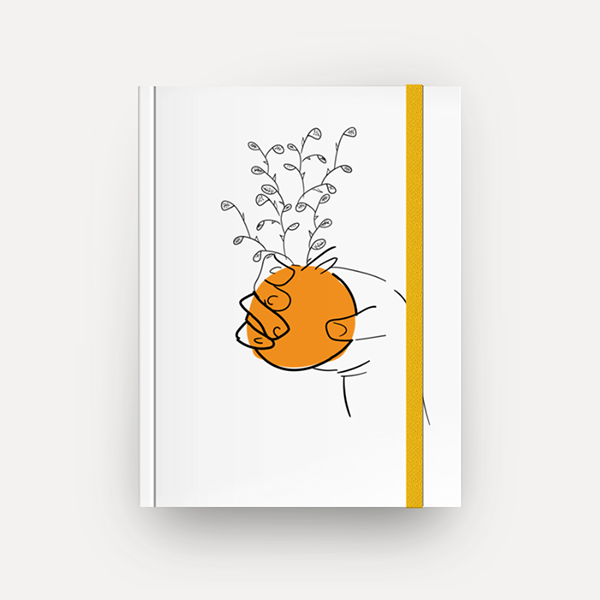 A minimalist notebook cover featuring a line drawing of a hand holding an orange with plant sprouting from it, and a yellow elastic band on the right side.