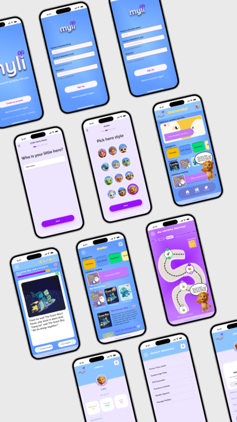 Multiple smartphones displaying the user interface of the My AI app, including sign-up screens, character selection, story activities, and parental control settings.