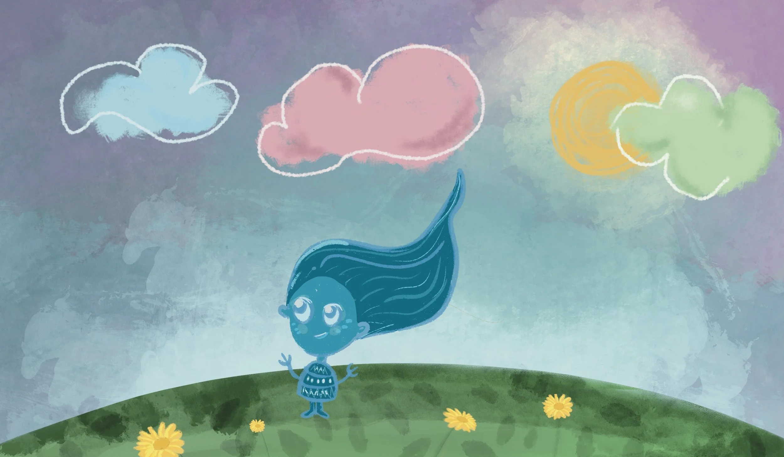 A whimsical illustration of a blue bird with long, flowing tail feathers standing on a grassy hill, smiling and looking up at pastel-colored clouds and a yellow sun in a colorful sky with purple, pink, green, and blue hues.