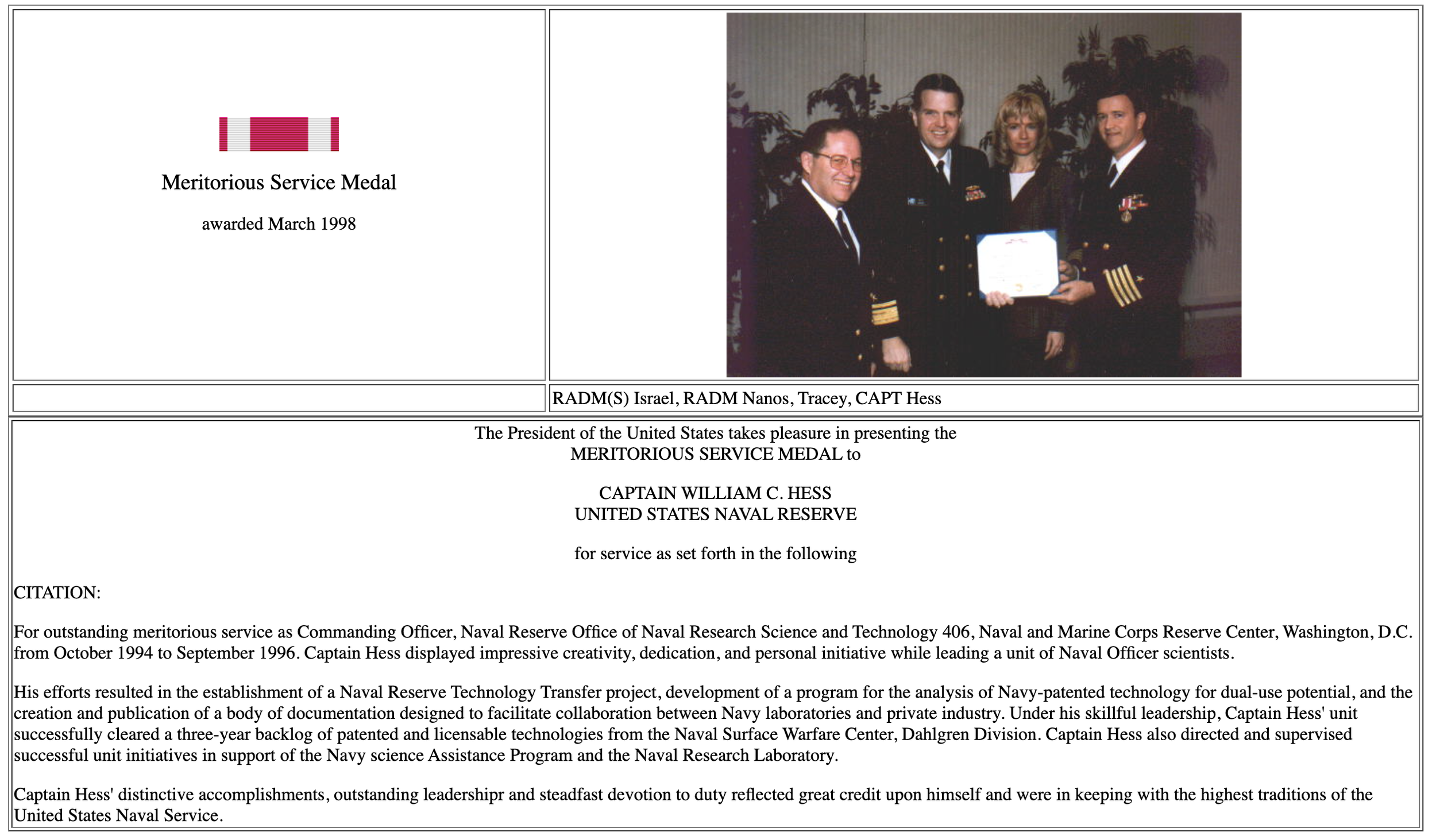 VADM Nanos and RADM Israel present the Meritorious Service Medal to CAPT Curt Hess accompanied by wife Rev Tracey Moe