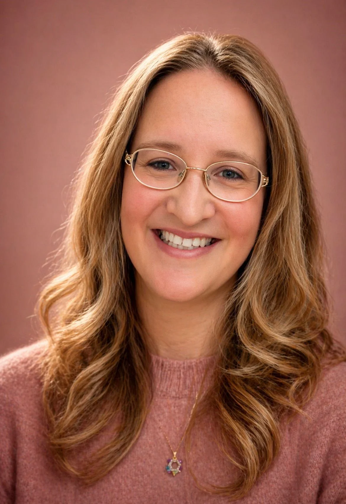 A woman with long wavy hair, wearing glasses and a pink sweater, smiling at the camera.