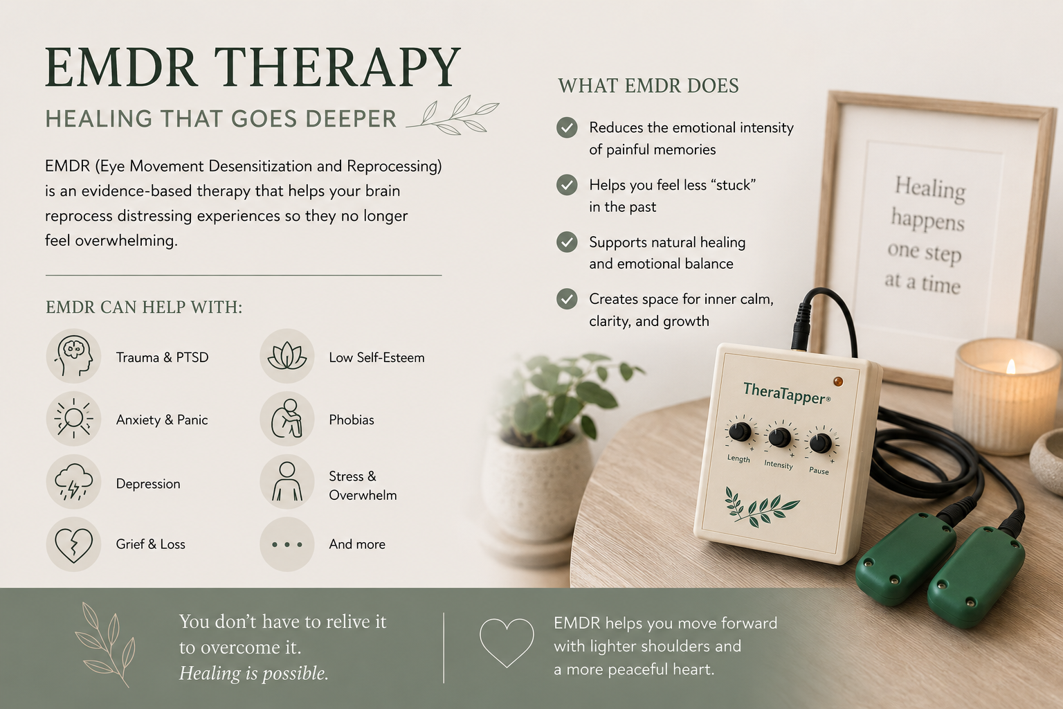 A brochure or informational poster about EMDR therapy, featuring a device labeled 'TheraTapper' with controls for length, intensity, and pause, placed on a wooden table next to a plant, a framed quote, and a candle.