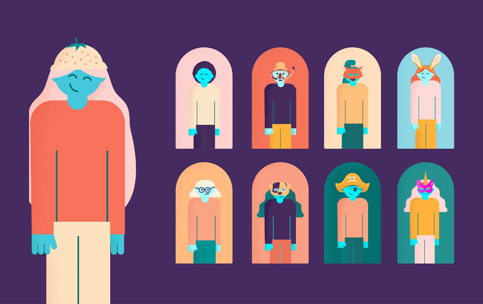 En illustration av tio personer med olika karaktärsdrag, varav en stor person i förgrunden och nio mindre personer i rutor bakom, alla i färgglada kroppar och med olika ansiktsuttryck och accessoarer.