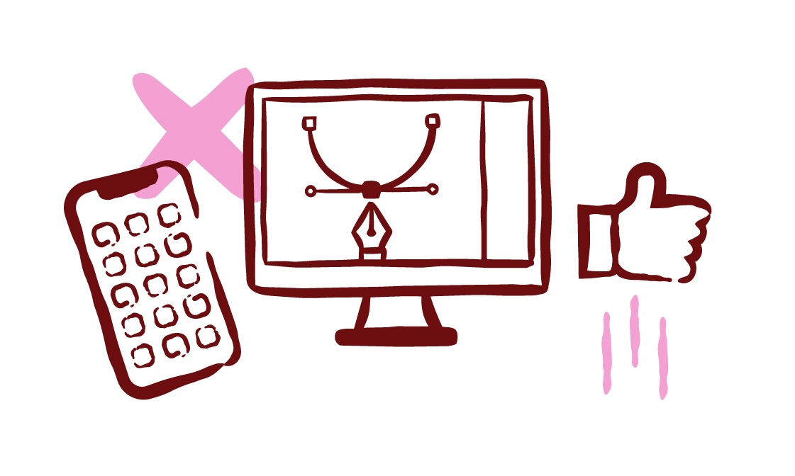 En digital ritning med en datorskärm, en fjärrkontroll och en tumme upp, samt ett rosa X-tecken och två rosa streck.