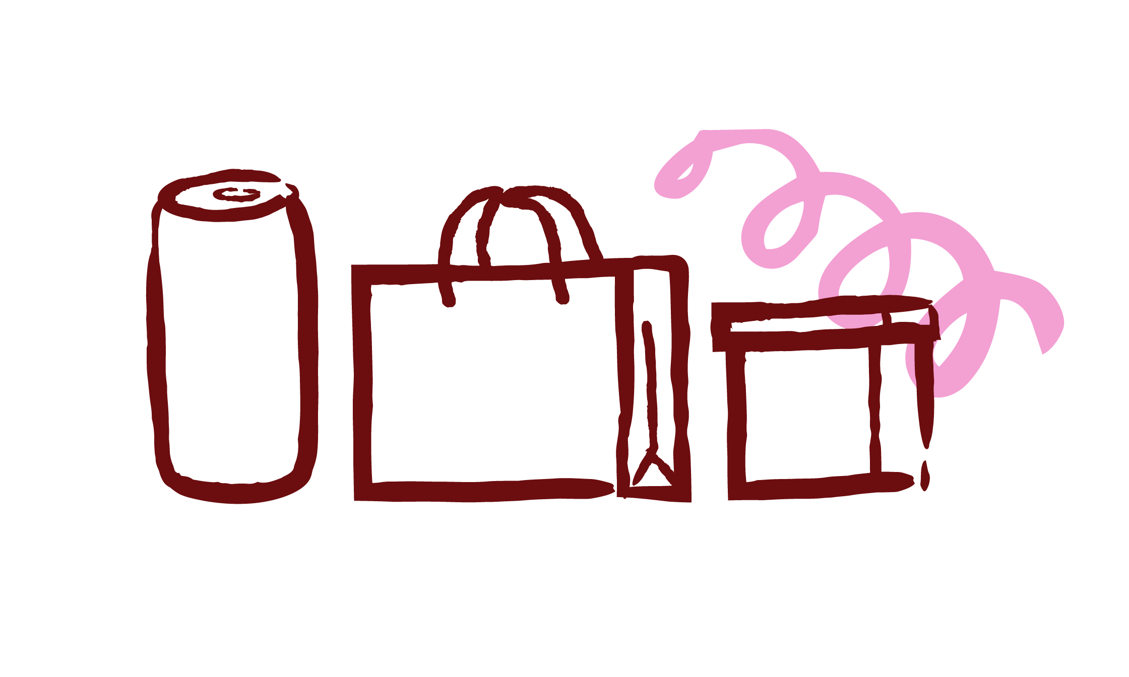 Röd och rosa ritning av avfallshanterings- eller återvinningsstation med olika behållare och kärl
