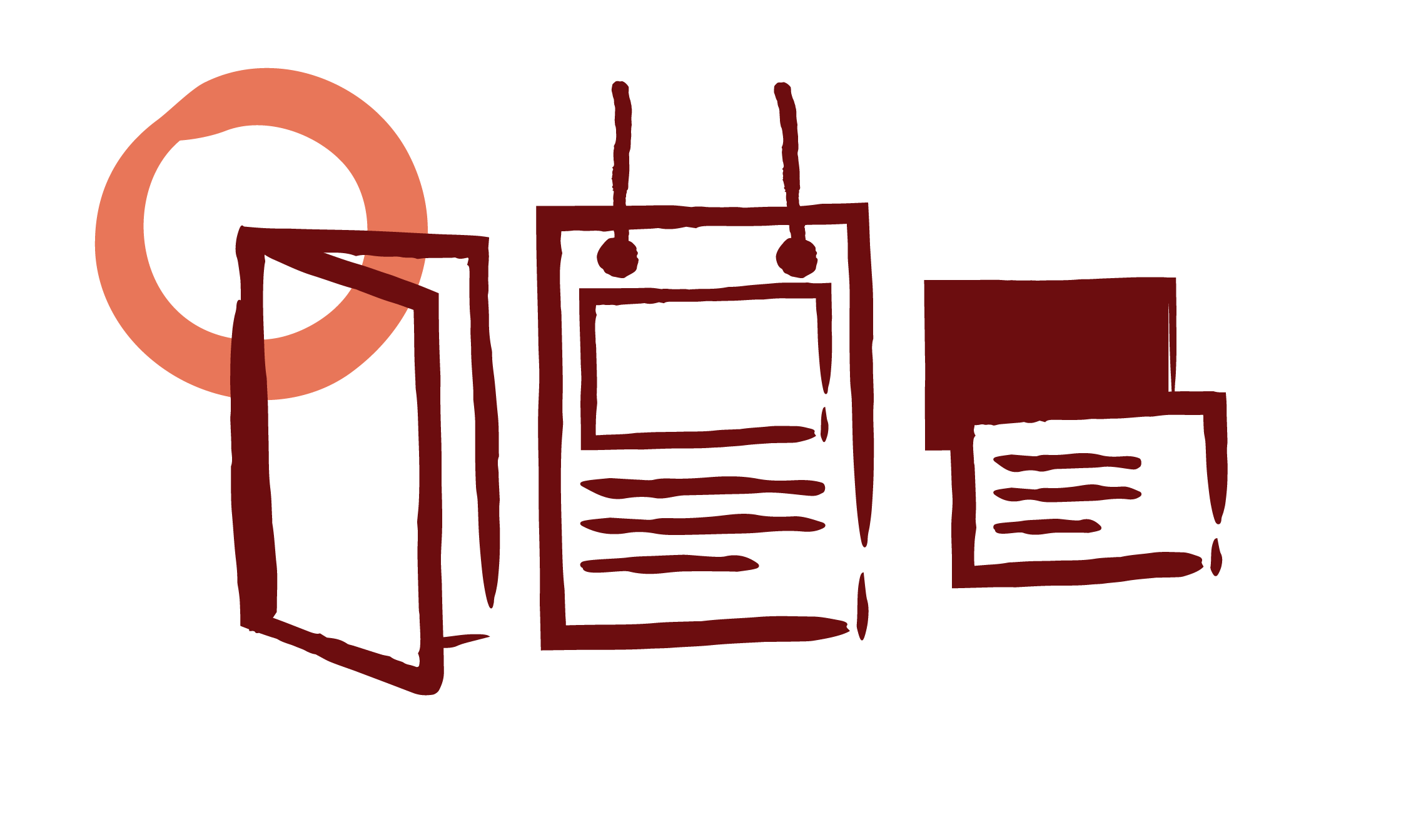 En illustration av ett kök med en spis, ugn och kökslådor, i minimalistisk stil och mörkröd färg.