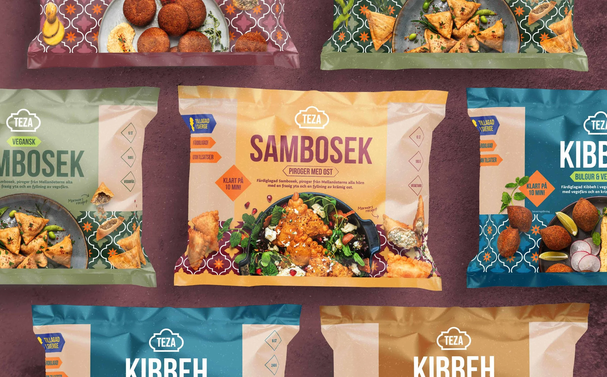 Förpackningar av vegetarisk och vegansk kyckling, sambos och falafel, med olika smak och tillagningstider, samt en maträtt med färdiglagad sambos.