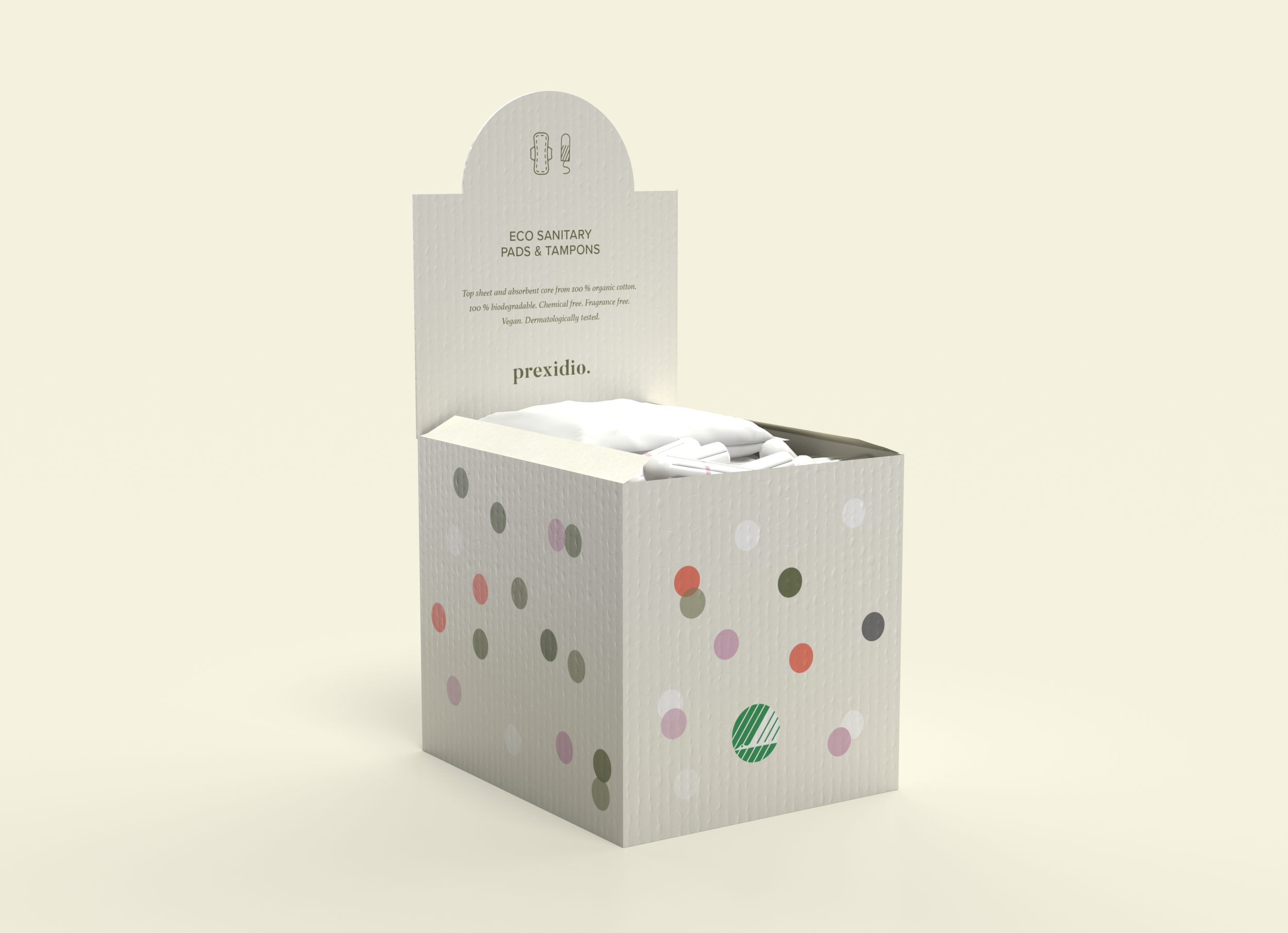 En öppen vit förpackning med färgglada prickar, innehållande hygienartiklar som tamponger och bindor.