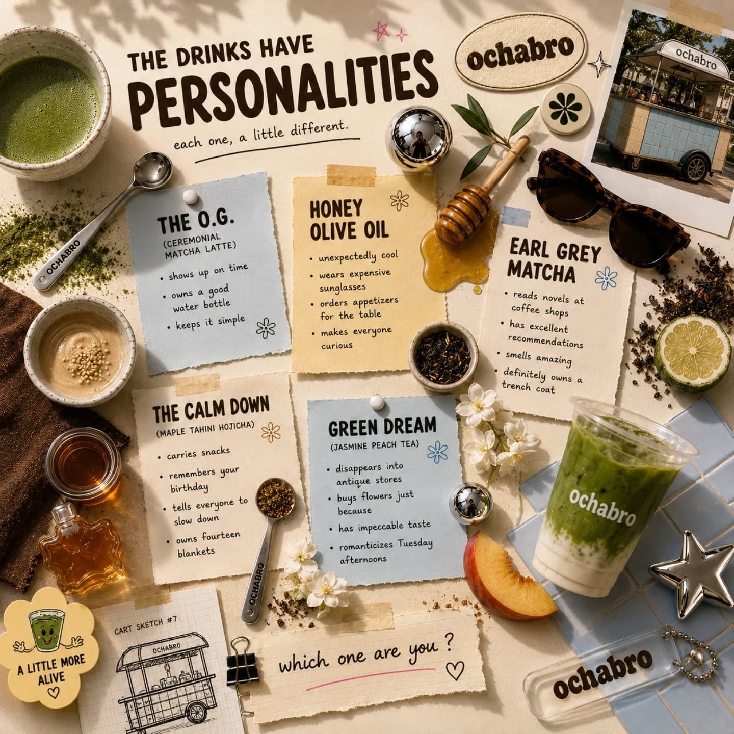 The drinks have personalities.

Naturally.

Which one are you today?

I fear I&rsquo;m all five, depending on the hour.

🍵✨

#ochabro #madisonwi #matchalatte #matchapopup #teacafe