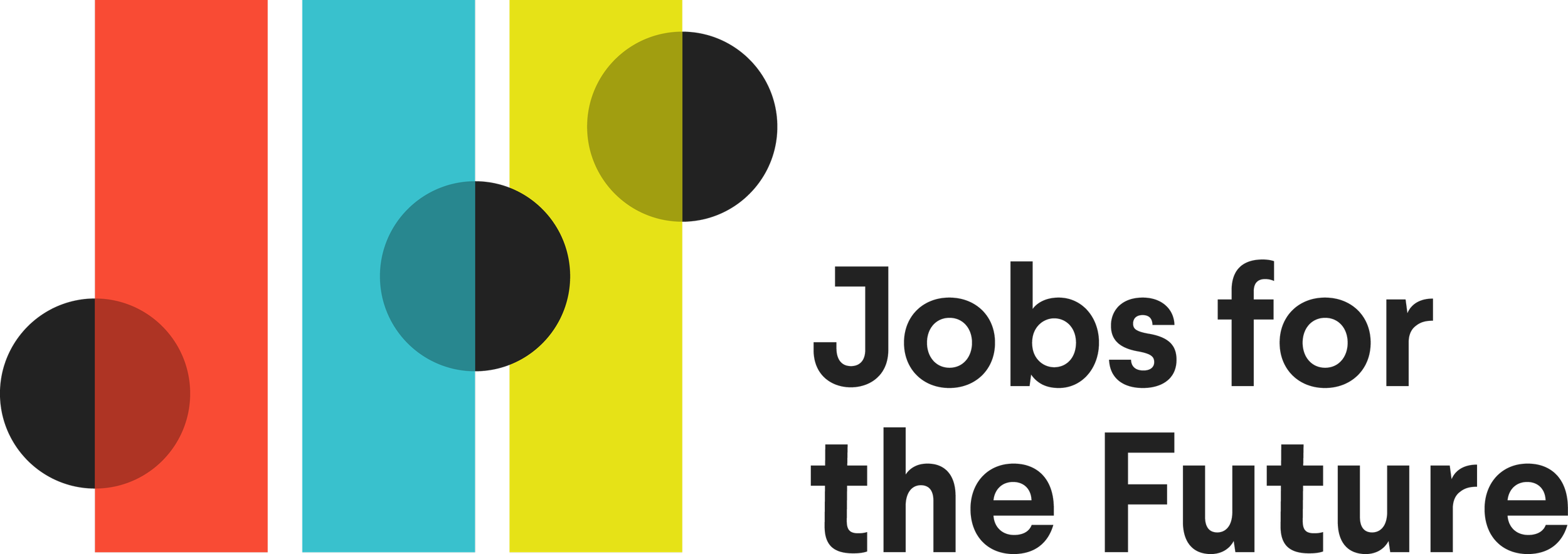 Graphic with colorful vertical stripes and black circles overlaid, featuring the text 'Jobs for the Future'.