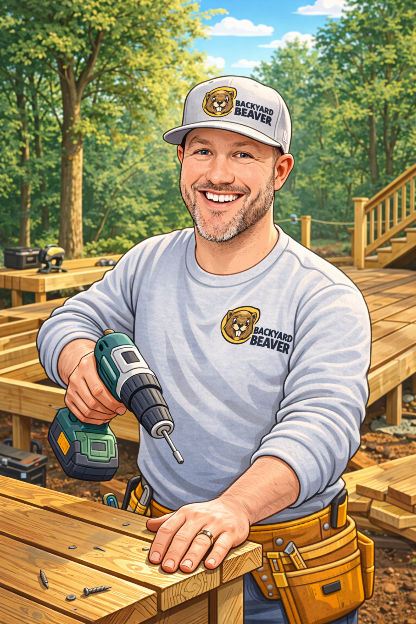 A smiling man in a gray shirt and cap with the logo 'Backyard Beaver' is working with a power drill on a wooden deck construction in an outdoor wooded area.