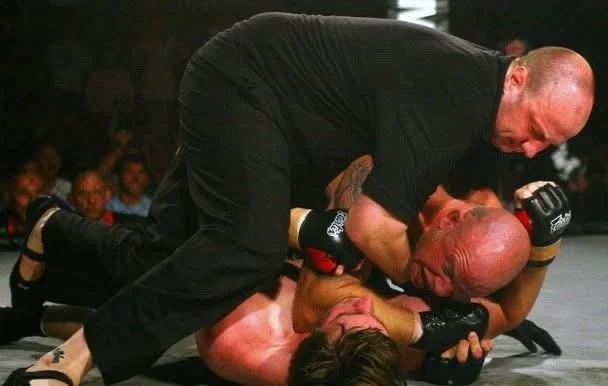 Mixed martial arts fight with two male fighters on the ground and a referee overseeing the match.