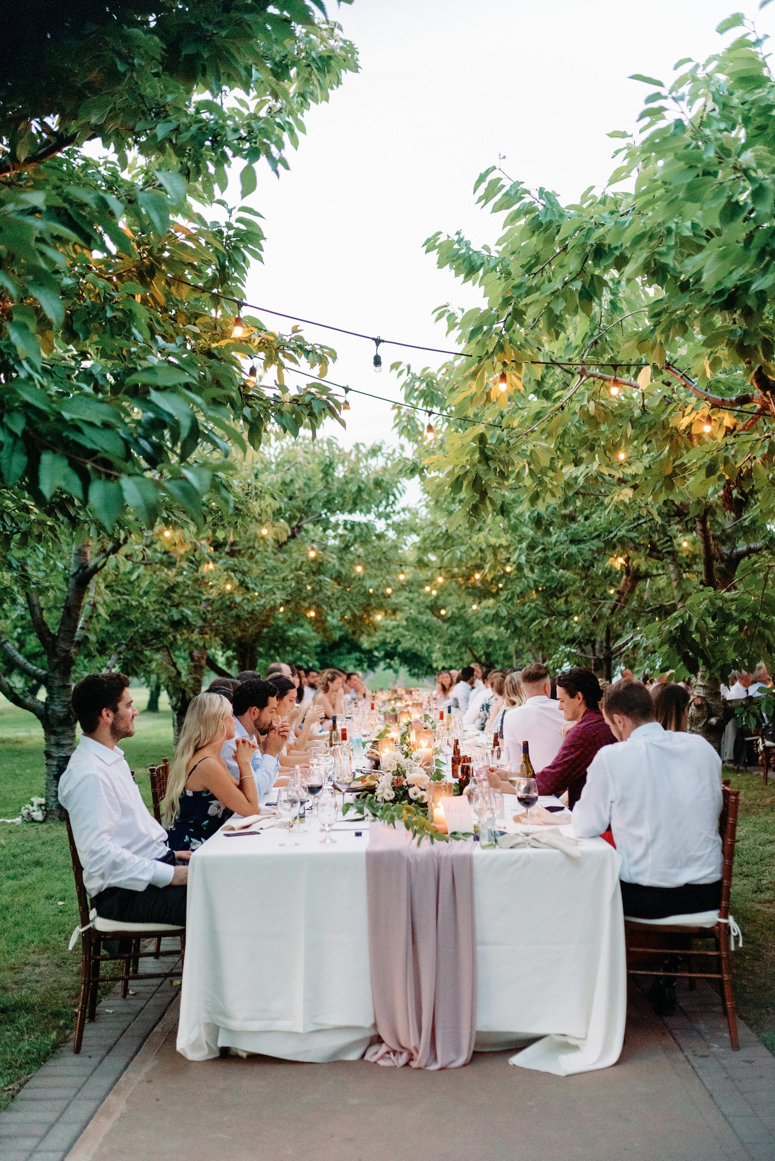 Outdoor dinner party with people seated at a long table under string lights and trees in the evening.