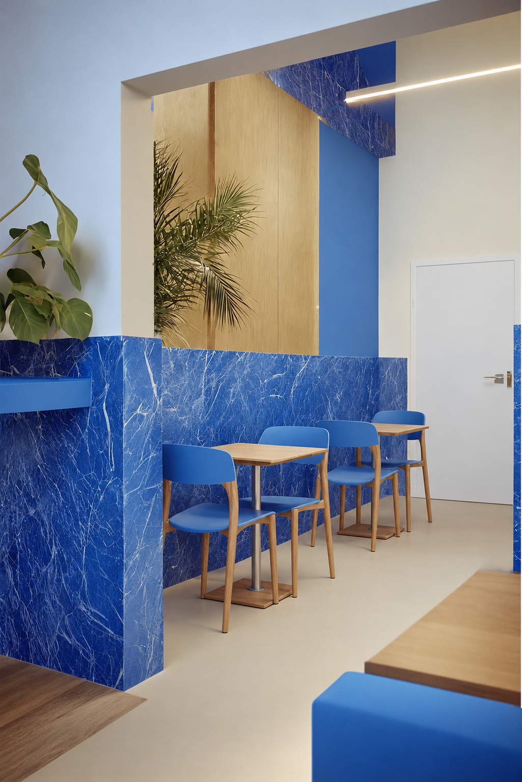 Intérieur moderne avec murs en marbre bleu, mobilier en bois avec chaises bleues, porte blanche, et plante verte