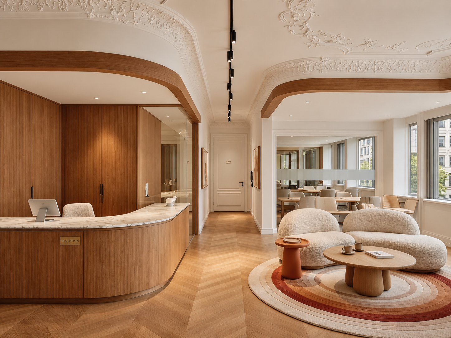 Intérieur d'un hall d'accueil chaleureux avec banque d’accueil en bois, fauteuils douillets, table basse en bois, et grand fenêtres laissant entrer la lumière naturelle.