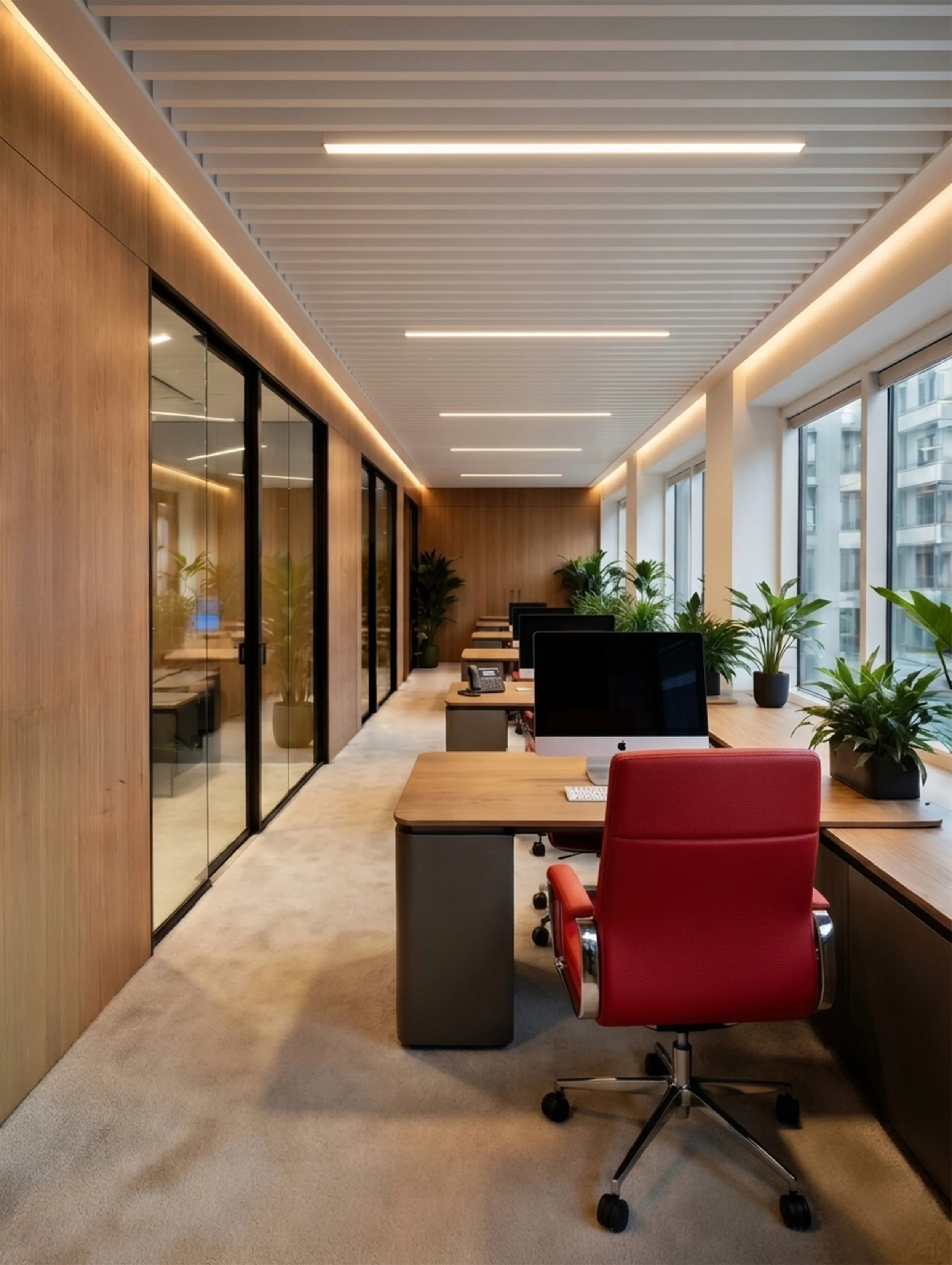 bureaux open space à Alésia, Paris 14e : chaise en cuir rouge, plantes vertes et grandes baies vitrées