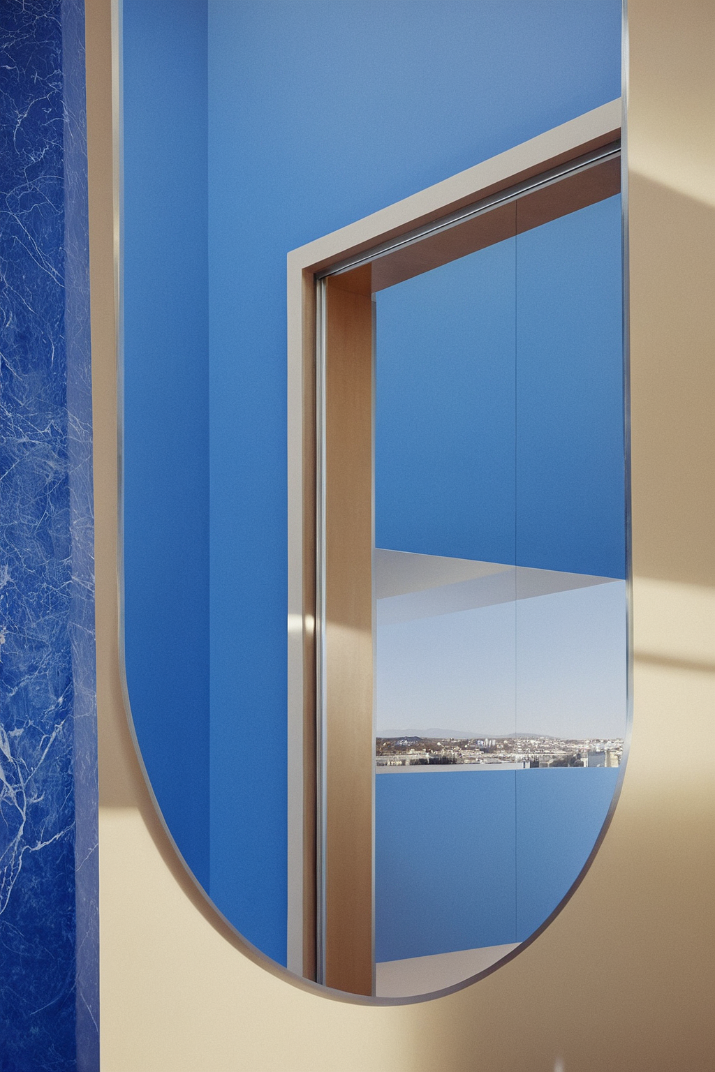 Un miroir rond dans une pièce moderne, reflétant l'espace, avec un mur beige et une colonne en marbre bleu à gauche.