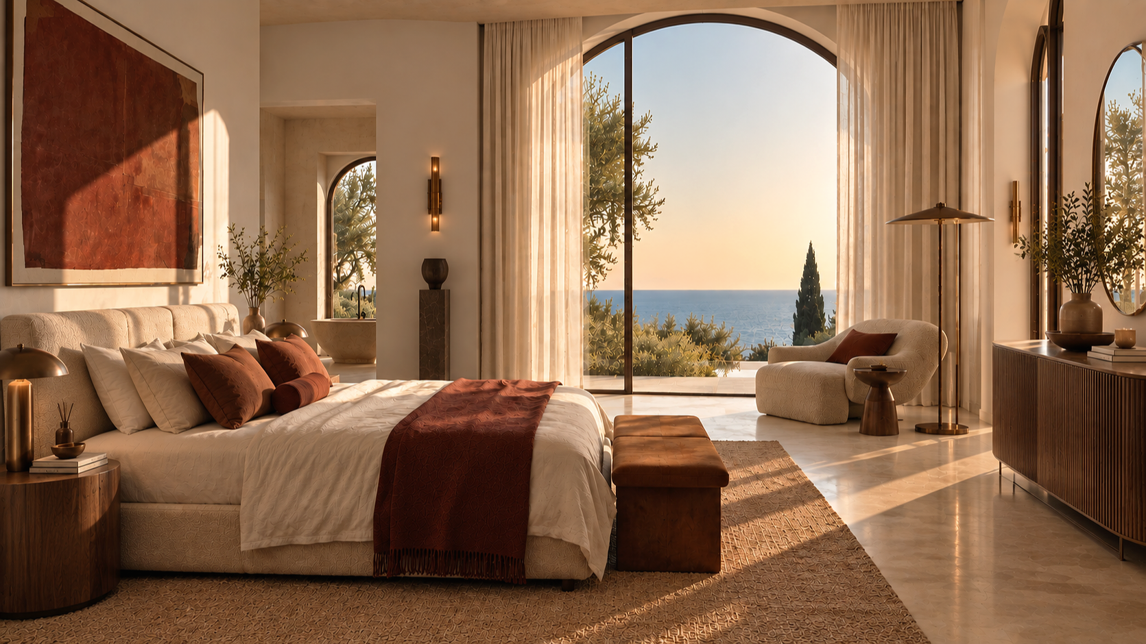 Chambre lumineuse avec vue sur la mer, décor moderne avec meubles en bois, grande fenêtre arrondie avec rideaux transparents, lit avec coussins et couverture en rouge, fauteuil beige avec coussin, tapis en fibres naturelles, plantes d'intérieur, décoration en bronze et céramique.