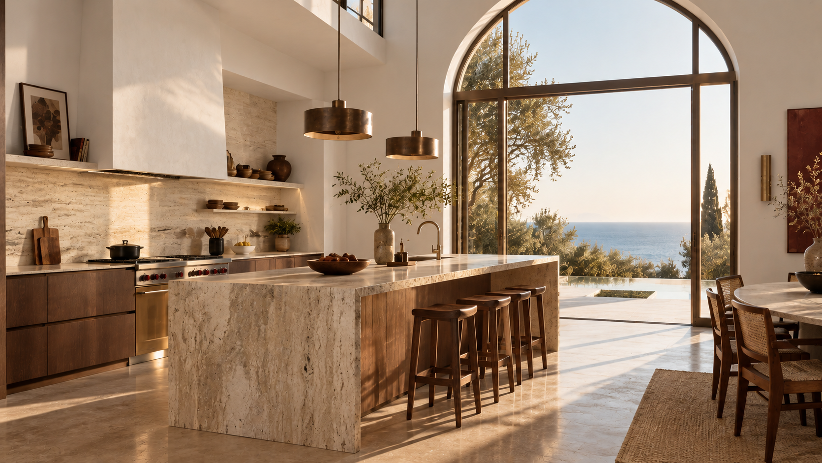 Cuisine moderne avec îlot en pierre, grandes fenêtres avec vue sur la mer, décor épuré en bois et mobilier élégant, ambiance chaleureuse et lumineuse.