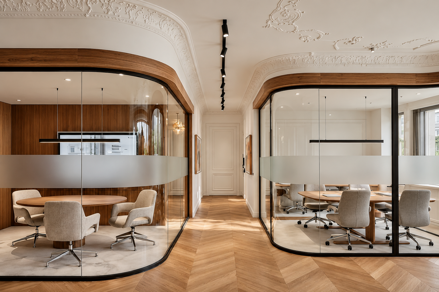 Deux salles de réunion séparées par des murs en verre avec cadre noir, équipées de chaises et tables en bois, dans un intérieur moderne avec plafond orné de moulures décoratives, abritant un espace de travail élégant et lumineux.