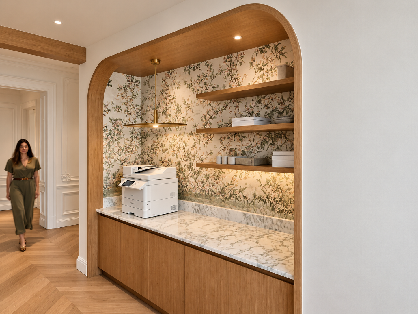 Un mur avec un papier peint floral derrière une étagère en bois avec un éclairage intégré, une imprimante sur un comptoir en marbre et une femme en tenue verte qui marche dans un couloir élégant.