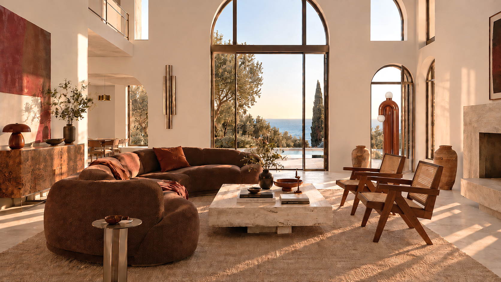 Salon élégant avec grand fenêtres offrant une vue sur la mer et la nature, mobilier en bois, canapé marron, table en marbre, vases d'argile, décoration moderne.