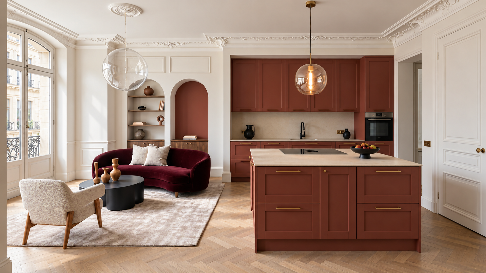 Séhour et cuisine ouverts avec grand fenêtre, canapé en velours bordeaux, fauteuil beige, table basse noire, cuisine rouge avec plan de travail en marbre, éclairages suspendus en verre