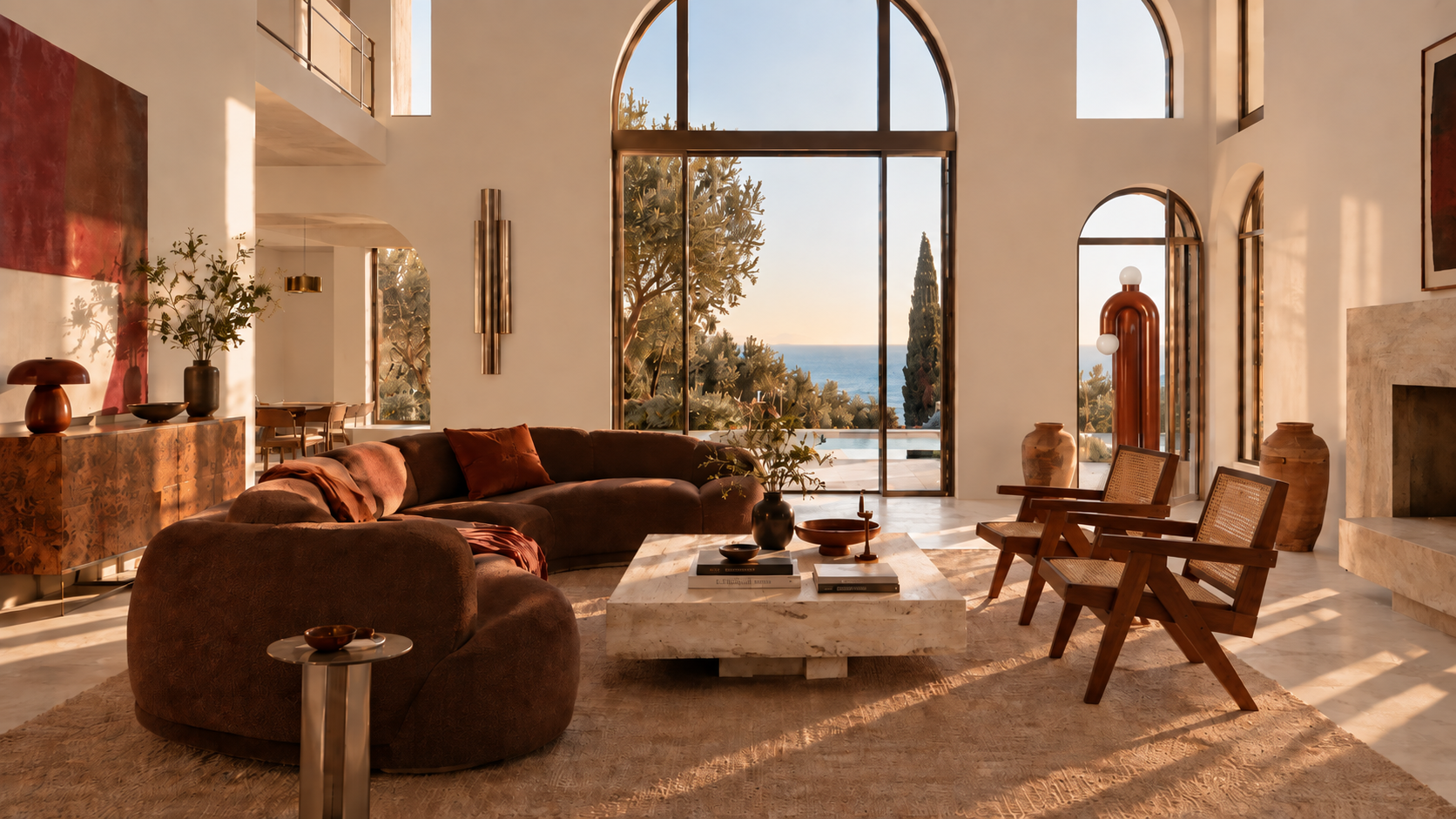 Salon moderne avec canapé en velours marron, table basse en pierre, fauteuils en bois, grande baie vitrée avec vue sur la mer et les arbres, décoration élégante en terre cuite et céramique, ambiance chaleureuse et lumineuse.