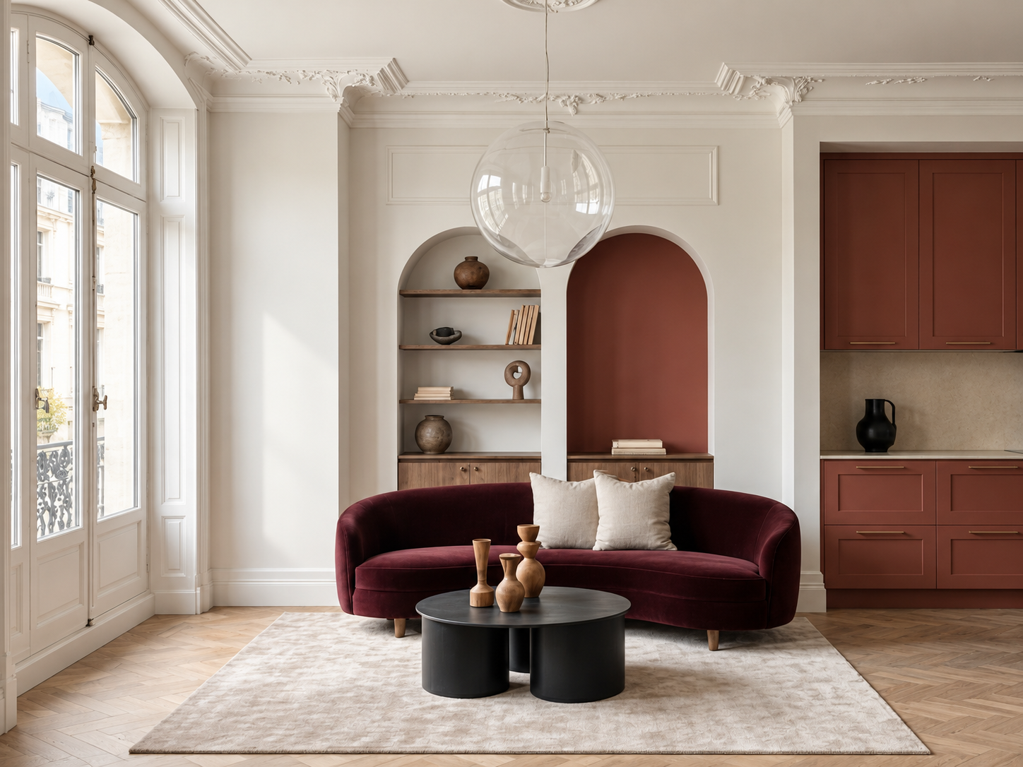Séjour moderne avec canapé en velours bordeaux, étagères encastrées, fauteuils blancs, table basse noire, décor en bois, grands fenêtres avec balustrade, peinture de plafond blanche et mur coloré