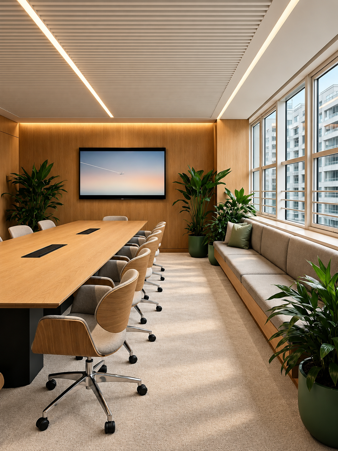 Salle de réunion moderne avec une grande table en bois, chaises ergonomiques, un écran mural, des plantes vertes et de grandes fenêtres laissant entrer la lumière naturelle.