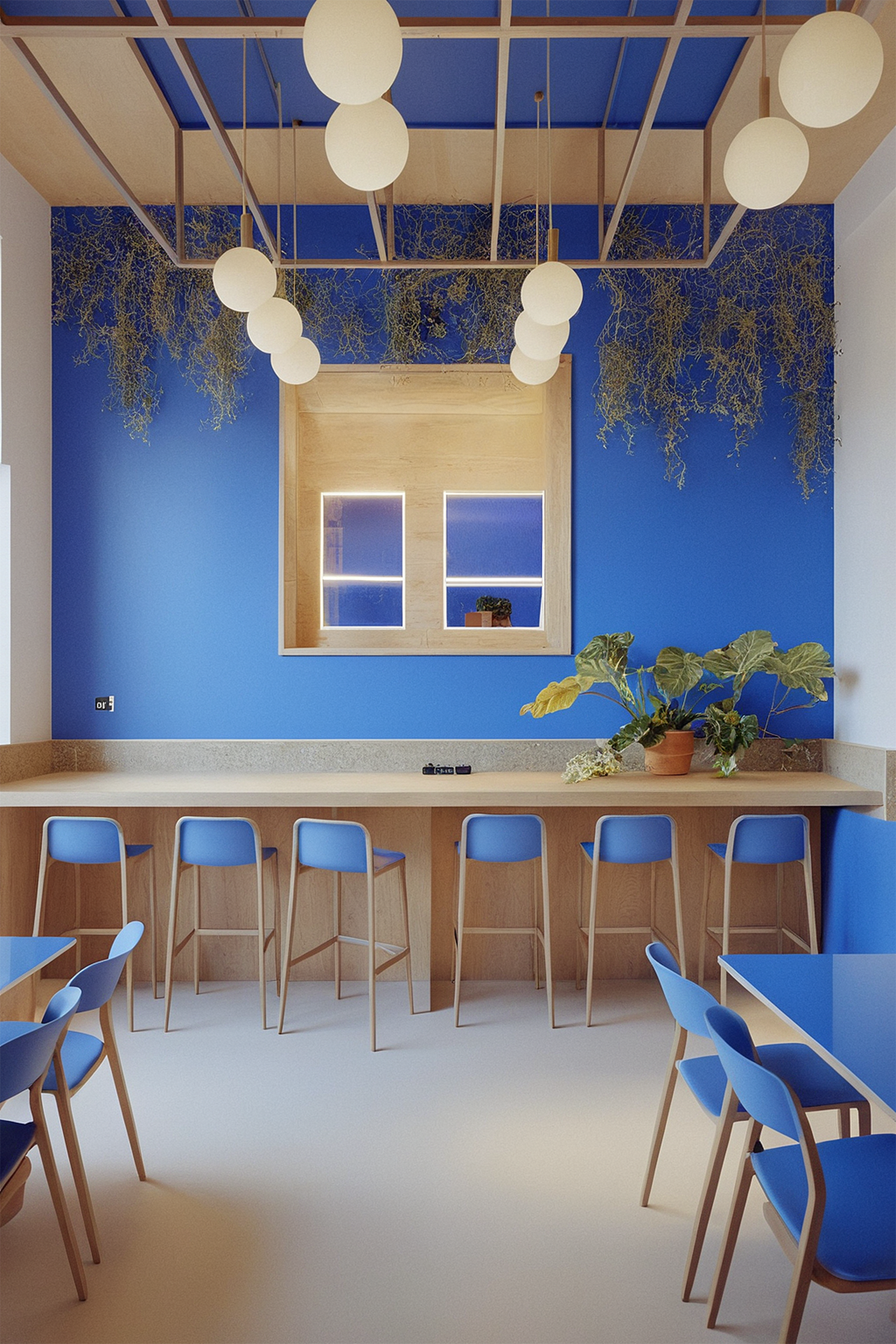 Un intérieur moderne et coloré avec un mur bleu, une barre en bois avec des chaises bleues, et un mur orné de plantes suspendues et une grande fenêtre illuminée, avec des luminaires ronds suspendus au plafond.